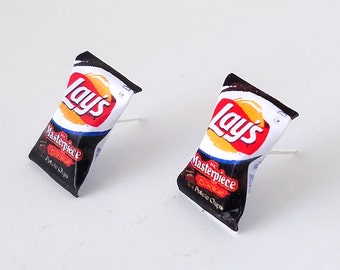 Miniature Vintage Lay's BBQ Potato Chips Earrings, miniature food jewelry, junk food earrings, kawaii, cute, accessories