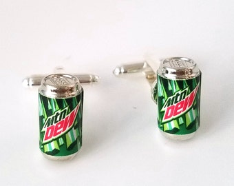 Mountain Dew Soda Can Cufflinks-Miniature food drink cufflinks, mini food jewelry, mini soda can, cufflinks