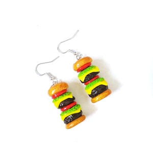 Miniature Double Cheese Hamburger Earrings, Silver Plated, Sterling Silver, Gold Plated, Hamburger, Double burger, Sandwich, Burger