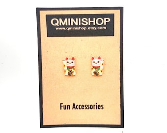 Maneki Neko Japanese Lucky Cat Stud Earrings, miniature jewelry, stud earrings, kawaii,Gift,accessories,presents,Fortune Cat,Good Luck