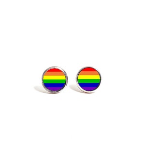 May include: A pair of silver stud earrings with a rainbow flag design.