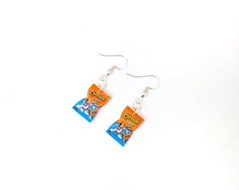 Miniature Cheetos Puff Dangle Earrings, miniature food jewelry, junk food earrings, kawaii, cute, accessories