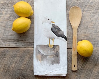 Toalla de gaviota / Decoración de cocina con acuarela / Toalla de cocina / Toalla de cocina con saco de harina de gaviota / Decoración de granja / Decoración de playa / Toalla de gaviota en el muelle