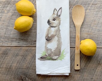 Grey Bunny Flour Sack Tea Towel / Kitchen Decor / Rabbit Towel  / Easter Bunny / Easter Decor / Watercolor Bunny Art / Woodland towel