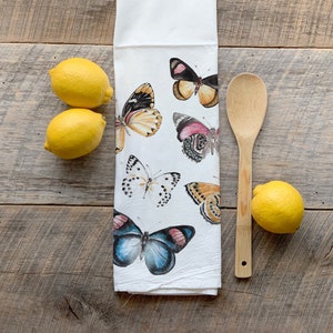 Butterfly Flour Sack Tea Towel / Kitchen Decor / Butterflies Towel  / Spring Towel / Blue Butterflies / Yellow Butterflies