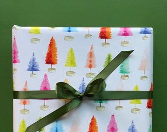 Wrapping Paper Rainbow Bottle Brush Trees Watercolor / Christmas Art / Modern Traditions / Watercolor Christmas tree wrapping paper