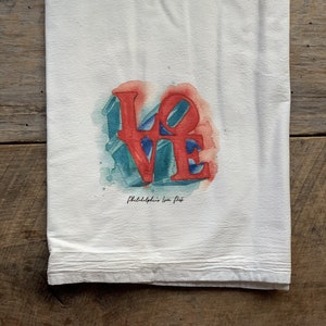 Philly&#39;s Love Park Flour Sack Tea Towel / Tea Towel / Cotton Towel / Watercolor / Kitchen Decor / Philadelphia art / Philly Gift