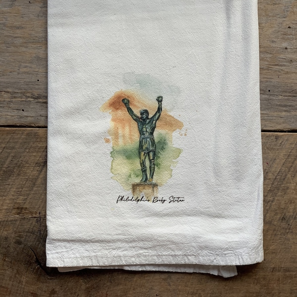 Philly's Rocky Statue Flour Sack Tea Towel / Tea Towel / Cotton Towel / Watercolor / Kitchen Decor / Philadelphia art / Philly Gift