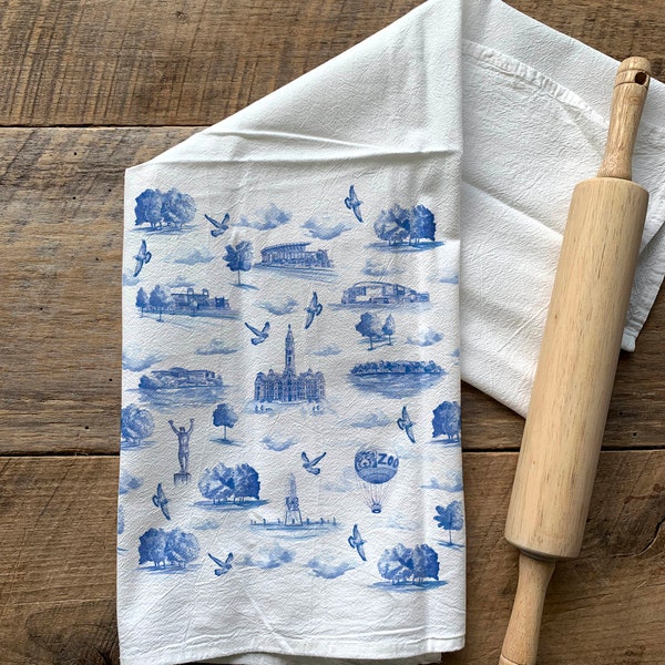 Philly Blue Toile Flour Sack Tea Towel / Tea Towel / Cotton Towel / Watercolor / Kitchen Decor / Philadelphia art / Philly Gift