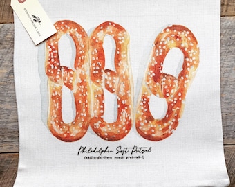 Funda de almohada de lino con acuarela de pretzel suave de Filadelfia / Arte de Filadelfia / Decoración del hogar / Almohada decorativa / Arte de pretzel / Comida de Filadelfia