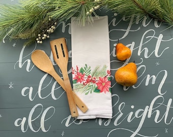Toalla de tela de saco con diseño de flor de Pascua / Paño de cocina / Toalla navideña / Estilo rústico / Cocina navideña / Flores navideñas / Toalla de cocina navideña