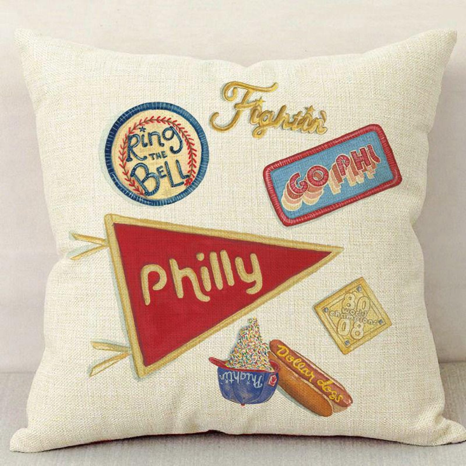 Philly Baseball Fan Inspired Watercolor Linen Pillow Cover / Philly Art / Home Decor / Philadelphia sports fan / Baseball fan gift