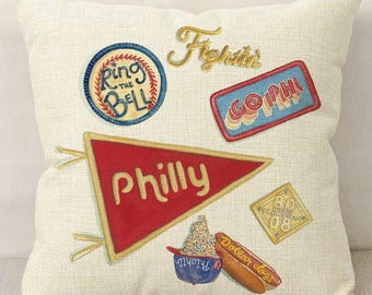 Funda de almohada de lino con acuarela inspirada en los fanáticos del béisbol de Filadelfia / Arte de Filadelfia / Decoración del hogar / Regalo para fanáticos de los deportes de Filadelfia / Regalo para fanáticos del béisbol