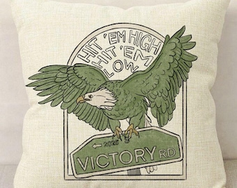 Funda de almohada de lino con acuarela inspirada en el fútbol de Filadelfia / Arte de Filadelfia / Decoración del hogar / Fanático de los deportes / Regalo para fanáticos del fútbol / Victory Road