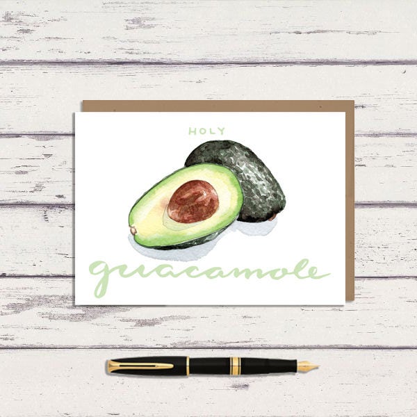 Holy Guacamole 5 x 7 Watercolor Greeting Card/ A7 Card / Avocado Art / Vegetable Pun / Funny Card /  Plant Art / Vegetable Art / Birthday