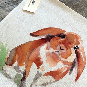 Puede incluir: Una pintura de acuarela de un conejo marr&oacute;n y blanco sentado en la hierba verde. El conejo tiene orejas grandes y una cola esponjosa. La pintura est&aacute; sobre un lienzo blanco con una etiqueta que dice "Meadowbrook Lane".