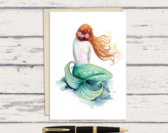 Tarjeta de felicitación de sirena / Tarjeta de felicitación de acuarela de 5 x 7 / Tarjeta de felicitación de acuarela A7 / Tarjeta de felicitación de playa / Papelería de sirena