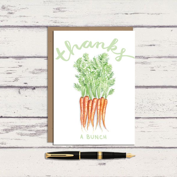 Thanks a Bunch 5 x 7 Watercolor Greeting Card/ A7 Card / Carrot Art / Vegetable Pun / Gardener Gift /  Plant Art / Vegetable Art / Easter