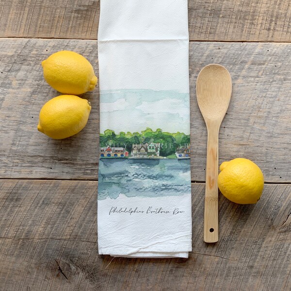 Philly's Boathouse Row Flour Sack Tea Towel / Tea Towel / Cotton Towel / Watercolor / Kitchen Decor / Philadelphia art