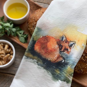 Fox Watercolor Towel / Flour Sack Tea Towel / Woodland Fox / Cotton / Woodland Art / Kitchen Decor / Home Decor / friendsgiving / laying fox