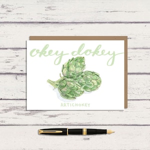 Carte de voeux aquarelle 5 x 7 Okey Dokey Artichaut / carte A7 / art artichaut / jeu de mots légume / carte drôle / art végétal / art végétal
