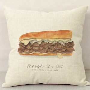 Philly Cheesesteak Watercolor Linen Pillow Cover / Philly Art / Home Decor / Decorative Pillow / food Art / Philadelphia Food / Philly Food