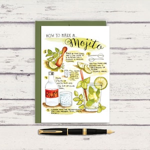How to make a mojito 5 x 7 Watercolor Greeting Card/ A7 / Recipe Art / How To / Bartender Gift / Kitchen Art / Handlettered Art / Recipe