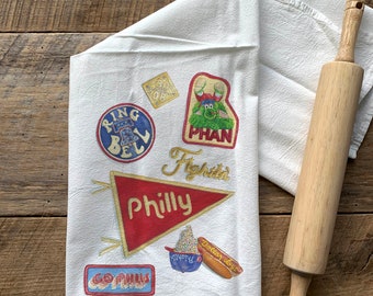 Phillies Inspired Flour Sack Tea Towel / Philadelphia / Watercolor / Kitchen Decor / Philadelphia art / Philly Gift