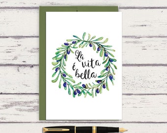 La Vita e Bella wreath 5 x 7 Watercolor Greeting Card/ A7 Watercolor Greeting Card / Italian Wreath / Italian Kitchen Art / Italian Art