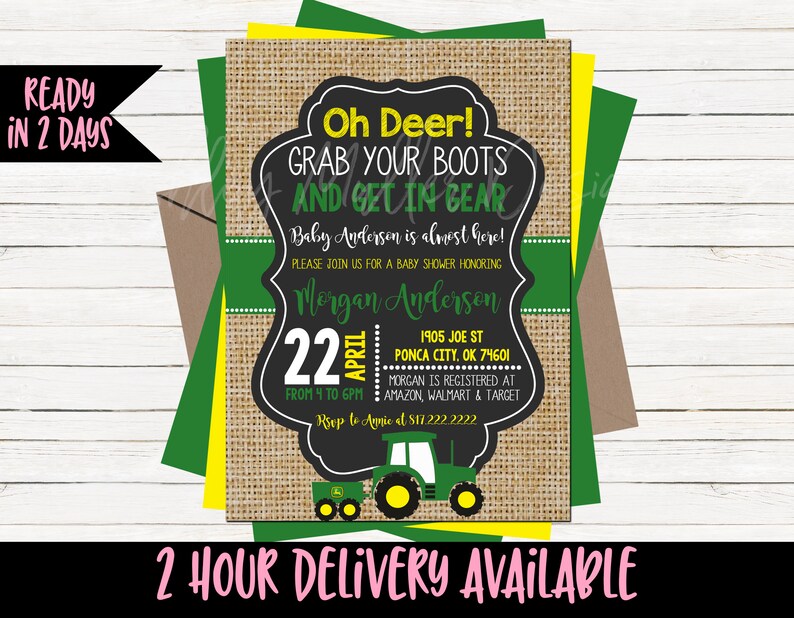 baby shower invitation - john deere babyshower invitation - tractor baby  shower invite - green yellow tractor john deer invitation printable