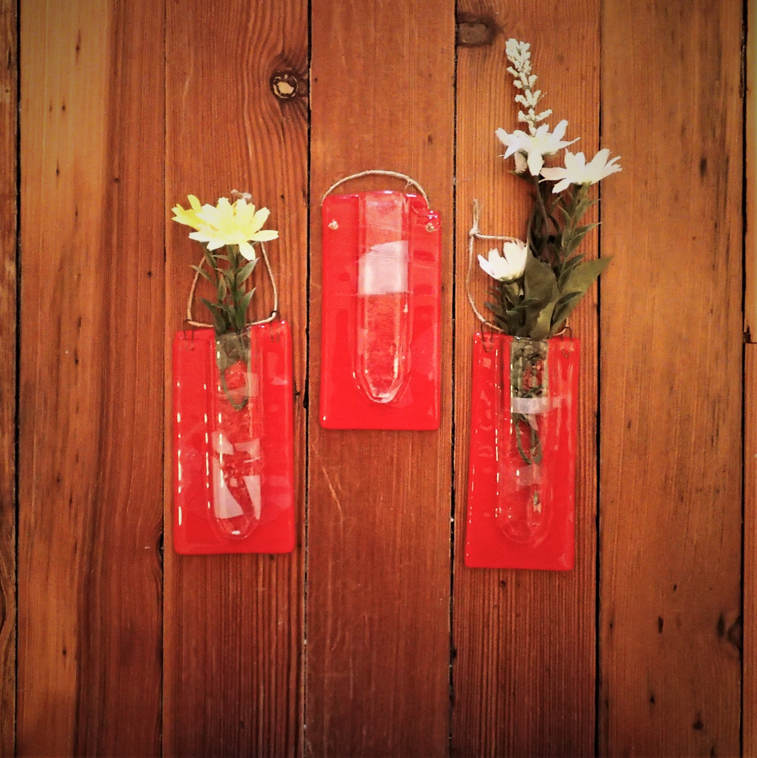 Bright Red Fused Glass Bud Vase Wall Pocket Vase Etsy