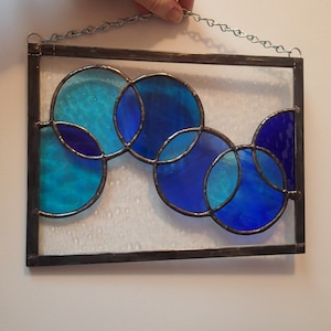 Blue Bubbles Abstract Stained Glass Panel * Wall Hanging