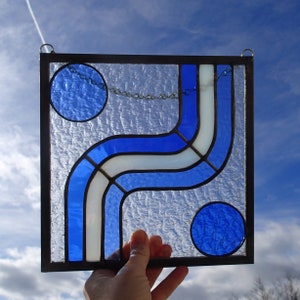 Blue Swoosh Stained Glass Panel * Art Deco Modern Design Window * Transparent * Geometric, Curvy * Reminiscent of Water, River, Creek