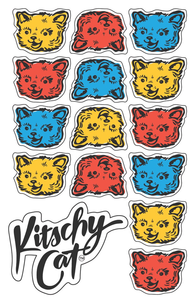 Kitschy Cat Sticker Sheet With 15 Colorful, Peeloff, Retro Cat