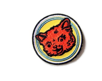 Kitschy Cat Retro Iron-on Embroidered Patch, 2 inch, colorful badge/emblem, ships free US, for backpacks, jackets,hats, children's clothing