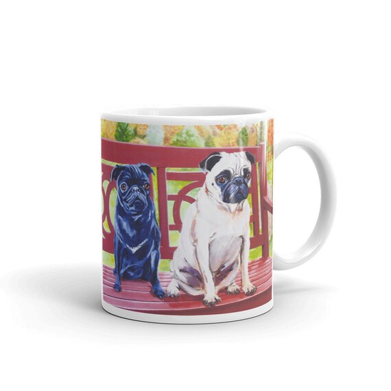 Pug Mug Coffee Mug With Fawn And Black Pug On A Park Bench Etsy