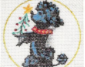Needlepoint Canvas, Hand Painted Poodle with Christmas Tree Ornament