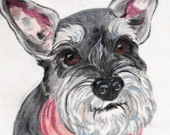 Needlepoint Handpainted Custom Dog Portrait, 8" x 8" Canvas 14 or 18 Count