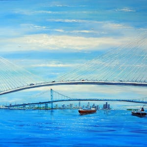 May include: A painting of a white cable-stayed bridge over a blue body of water. The bridge has two towers and a single deck. The water is calm and reflects the sky. There are several boats in the water, including a large cargo ship and a smaller tugboat. The city skyline is visible in the distance.