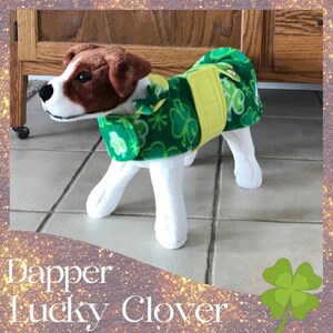 Puede incluir: Un pequeño perro blanco con un abrigo de perro de lana verde y amarillo con un patrón de trébol. El abrigo tiene una correa amarilla en el pecho. El perro está de pie en un suelo de baldosas. "Dapper Lucky Clover" está escrito en la esquina inferior izquierda de la imagen.