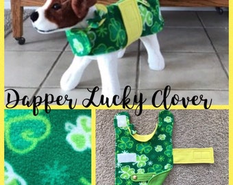 IN STOCK - Small Dapper Lucky Clover with Gold Button Backstrap & Bow Pattern - Hand made fleece dog jacket