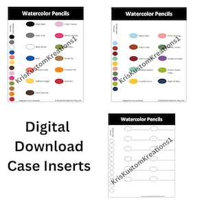 May include: Digital download case inserts for watercolour pencils. The image shows four cards with the text "Watercolour Pencils" and a grid of coloured circles representing the different colours of pencils. The text "KrisKustomKreations1" is visible on the cards.