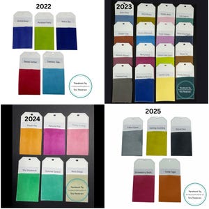 May include: A collection of fabric swatches in various colors, each labeled with a year and a name. The swatches are attached to tags. Colors include blue, green, red, and pink. The image also includes a logo with the text "Handmade by Tiris Hendrem."