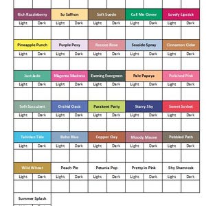 Può includere: Una tabella colori intitolata Stampin' Blends Markers Retired, che presenta una griglia di vari nomi di colori come Bermuda Bay, Mango Melody e Merry Merlot. Ogni blocco di colore è diviso in sezioni chiare e scure per l'identificazione.