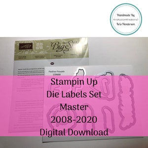 Könnte beinhalten: Ein digitaler Download eines Stampin Up-Stanzensatzes zum Erstellen von Etiketten. Das Set heißt "Festive Fireside" und stammt aus der Master-Kollektion 2008-2020. Der Stanzensatz enthält eine Vielzahl von Formen und Größen, darunter einen großen Kreis, einen kleineren Kreis, ein Rechteck und einige andere Formen.