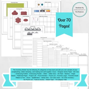 Op de afbeelding: Een printbare inventarismap met 25 categorieën om scrapbooking-, rubber stempel-, kaartmaak- en knutselbenodigdheden bij te houden. De map bevat categorieën voor Cricut, Designer Series Paper, stansvormen, reliëfmappen, reliëfpoeder, glitter, glitterlijm, inktkussens, stiften, papierstapels, patroonpapier, Project Life, stansranden, stanslijst, grote stansen, kleine stansen, lint & trim, Sizzix, Spellbinders, stempelsets, SU kleurenkaart, SU kleureninventaris, SU stanslijst, gereedschap & accessoires, washi tape en 70 categorietabbladen. De map heeft meer dan 70 pagina's.