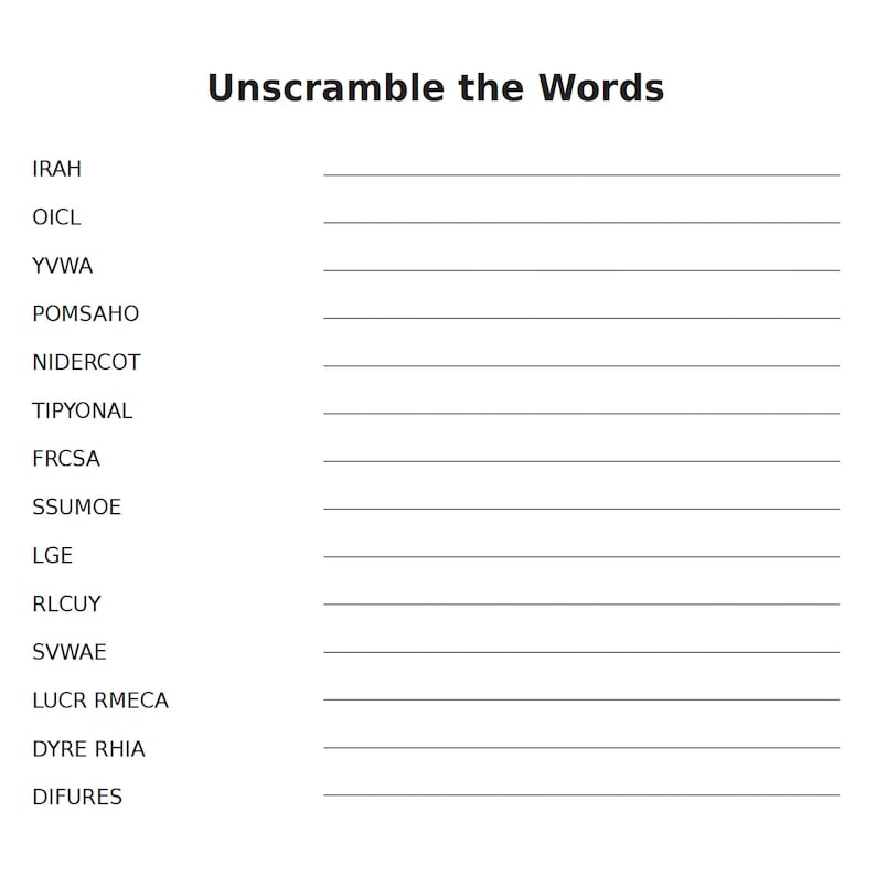 Printable Activity Unscramble the Words Page for Kids or Adults