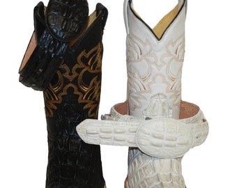 Kids Genuine Cowhide Crocodile Print Leather Cowboy Boots With Matching Belt