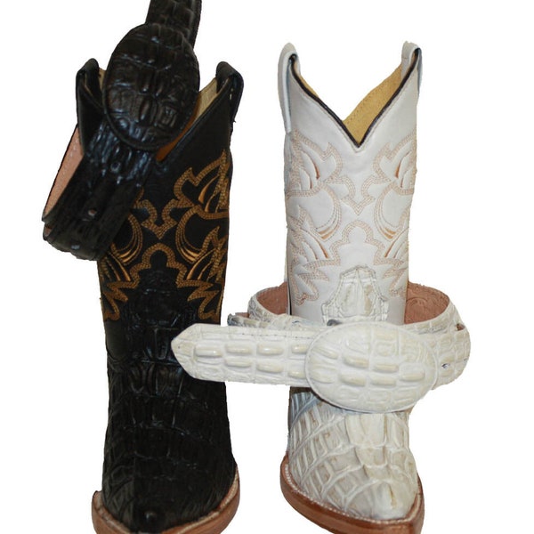 Kids Genuine Cowhide Crocodile Print Leather Cowboy Boots With Matching Belt