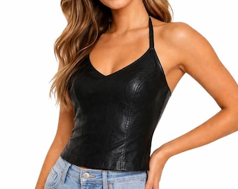 Top halter de piel de cordero auténtica negra para mujer: ajustado, suave y elegante.